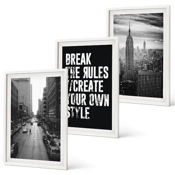 Set of 3 framed wall art pieces City streets black and white inspiration