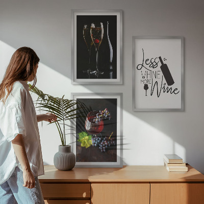 Set of 3 framed wall art pieces Glasses of wine with grapes and inscription