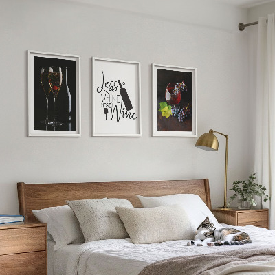 Set of 3 framed wall art pieces Glasses of wine with grapes and inscription
