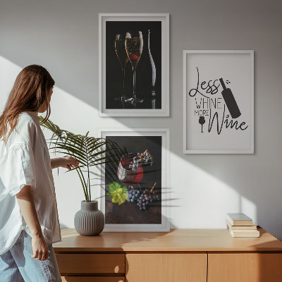 Set of 3 framed wall art pieces Glasses of wine with grapes and inscription