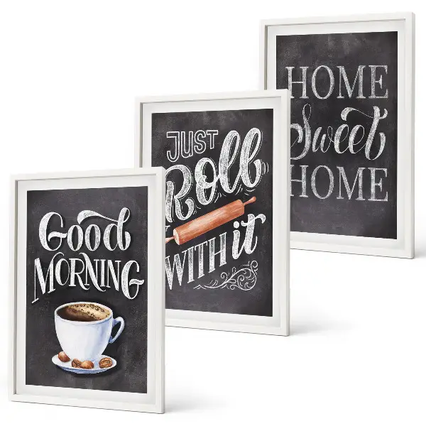 Set of 3 framed wall art pieces with home kitchen motifs and inscriptions