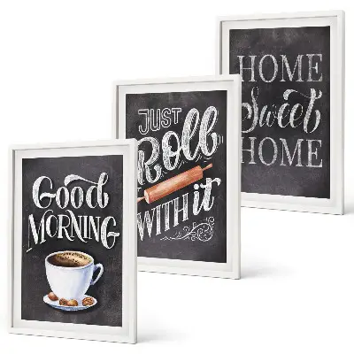 Set of 3 framed wall art pieces with home kitchen motifs and inscriptions