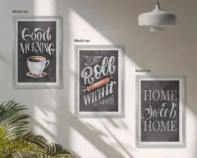 Set of 3 framed wall art pieces with home kitchen motifs and inscriptions