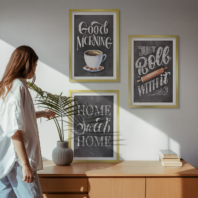Set of 3 framed wall art pieces Home kitchen motifs inscriptions