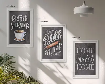 Set of 3 framed wall art pieces with home kitchen motifs and inscriptions