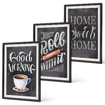 Set of 3 framed wall art pieces with home kitchen motifs and inscriptions