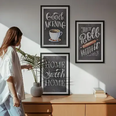 Set of 3 framed wall art pieces with home kitchen motifs and inscriptions