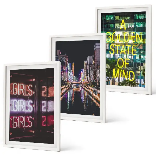 Set of 3 framed wall art pieces neon signs over a river at night