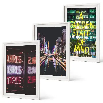 Set of 3 framed wall art pieces neon signs over a river at night