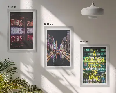 Set of 3 framed wall art pieces neon signs over a river at night