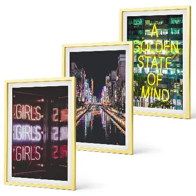 Set of 3 framed wall art pieces neon signs over a river at night