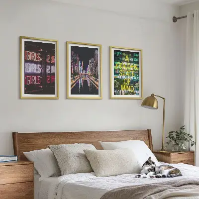 Set of 3 framed wall art pieces Neon signs river at night