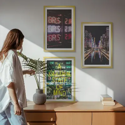 Set of 3 framed wall art pieces neon signs over a river at night
