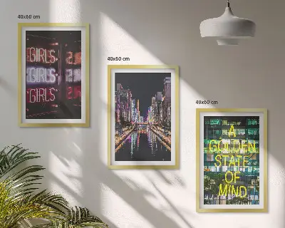Set of 3 framed wall art pieces neon signs over a river at night