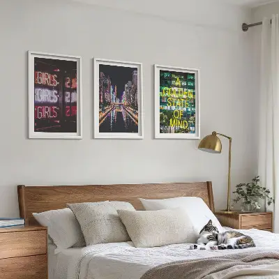Set of 3 framed wall art pieces neon signs over a river at night