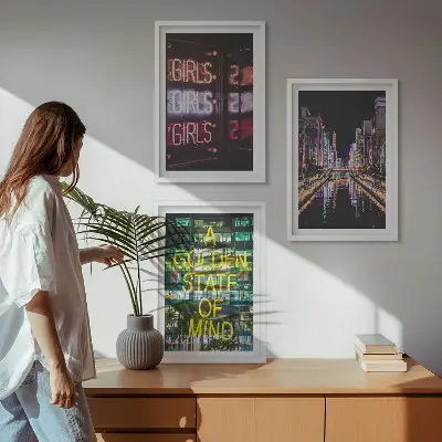 Set of 3 framed wall art pieces Neon signs river at night