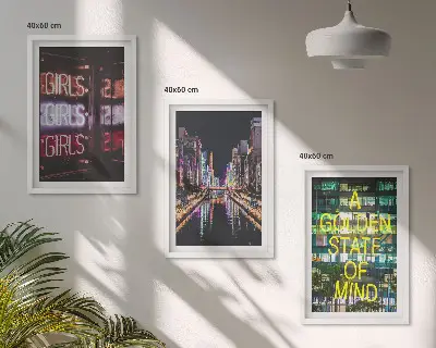 Set of 3 framed wall art pieces Neon signs river at night