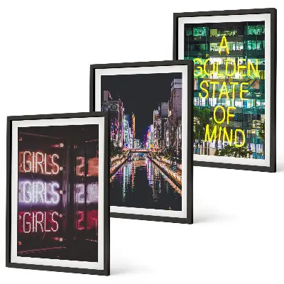 Set of 3 framed wall art pieces neon signs over a river at night