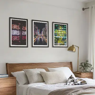 Set of 3 framed wall art pieces Neon signs river at night