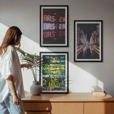 Set of 3 framed wall art pieces neon signs over a river at night