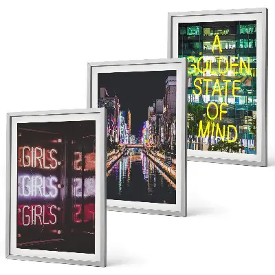 Set of 3 framed wall art pieces neon signs over a river at night