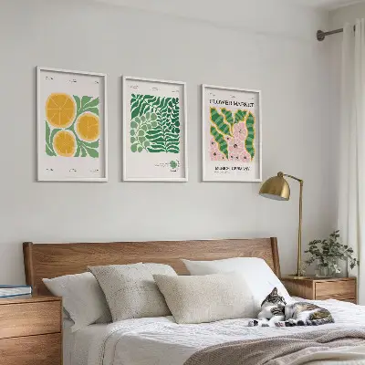Wall art set with pastel fruit and plant motifs
