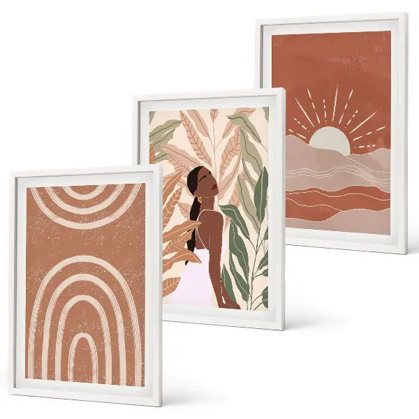 Boho abstract shapes framed wall art set of 3 pieces
