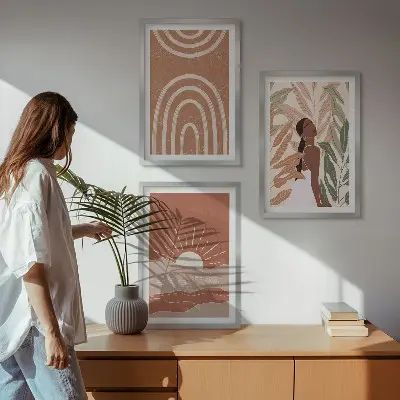 Boho abstract shapes framed wall art set of 3 pieces