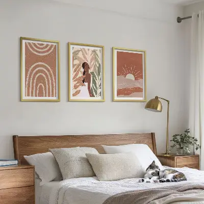Boho abstract shapes framed wall art set of 3 pieces