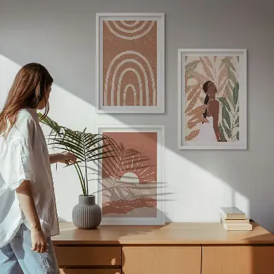 Boho abstract shapes framed wall art set of 3 pieces