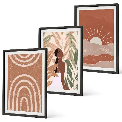 Boho abstract shapes framed wall art set of 3 pieces