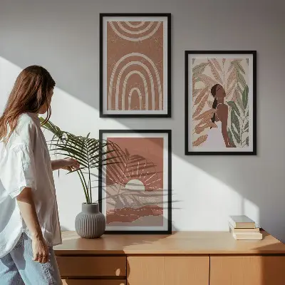 Boho abstract shapes framed wall art set of 3 pieces