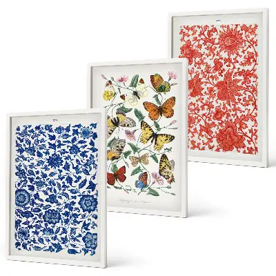 Wall art set with vintage flowers, butterflies, and ornaments