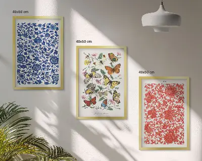 Wall art set with vintage flowers, butterflies, and ornaments