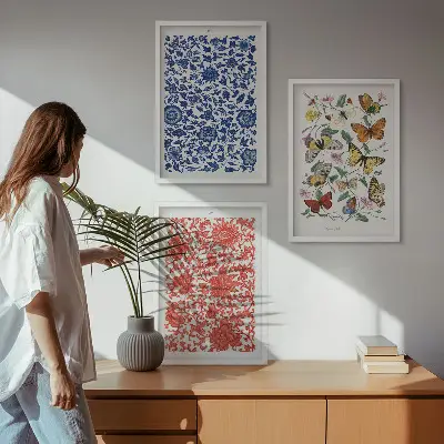 Wall art set with vintage flowers, butterflies, and ornaments