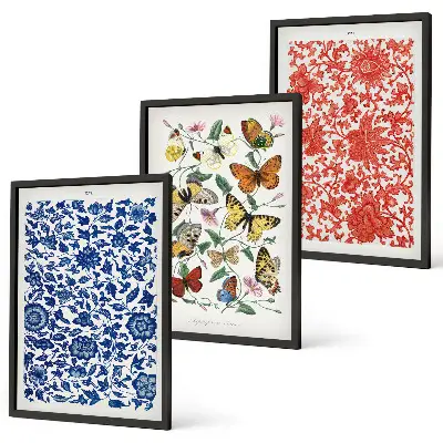 Wall art set with vintage flowers, butterflies, and ornaments