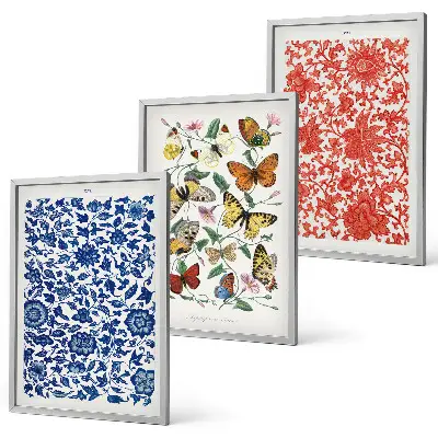 Wall art set with vintage flowers, butterflies, and ornaments
