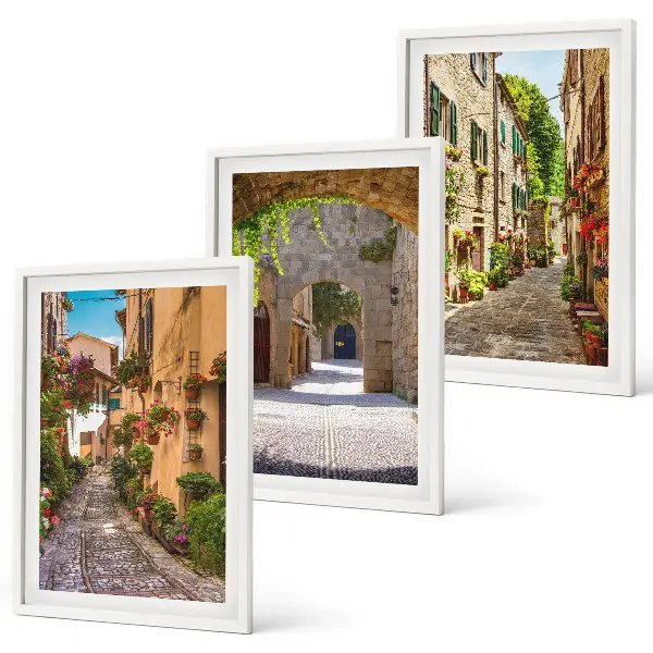 Three-piece wall art set featuring Italian streets, flowers, and architecture