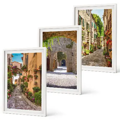 Three-piece wall art set featuring Italian streets, flowers, and architecture