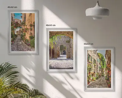 Three-piece wall art set featuring Italian streets, flowers, and architecture