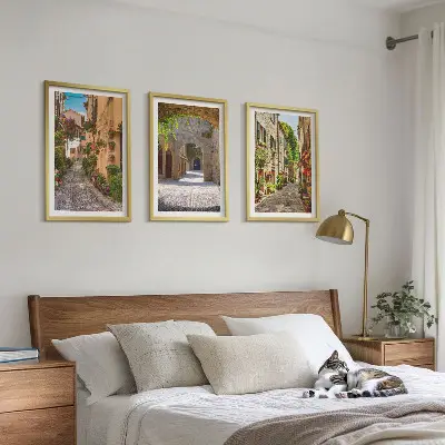 Three-piece wall art set featuring Italian streets, flowers, and architecture