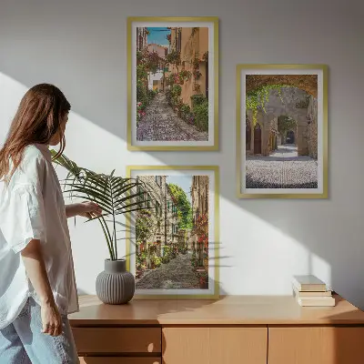 Three-piece wall art set featuring Italian streets, flowers, and architecture