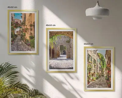 Three-piece wall art set featuring Italian streets, flowers, and architecture