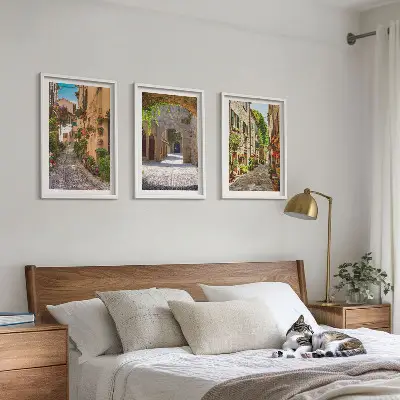 Three-piece wall art set featuring Italian streets, flowers, and architecture