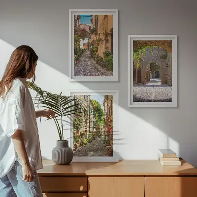 Three-piece wall art set featuring Italian streets, flowers, and architecture