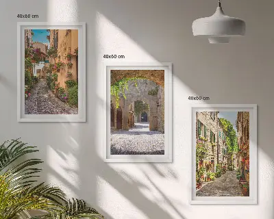 Three-piece wall art set featuring Italian streets, flowers, and architecture
