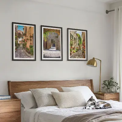 Three-piece wall art set featuring Italian streets, flowers, and architecture