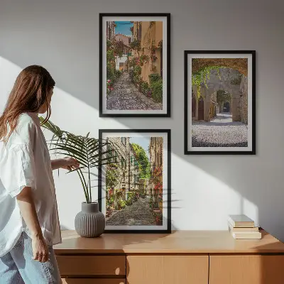Three-piece wall art set featuring Italian streets, flowers, and architecture