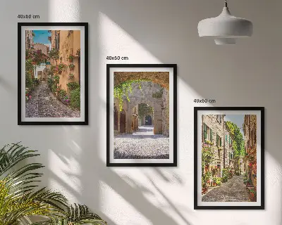 Three-piece wall art set featuring Italian streets, flowers, and architecture