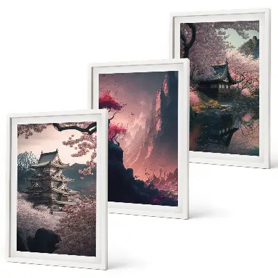 Fantasy Japanese mountain landscape wall art set set of decorative prints